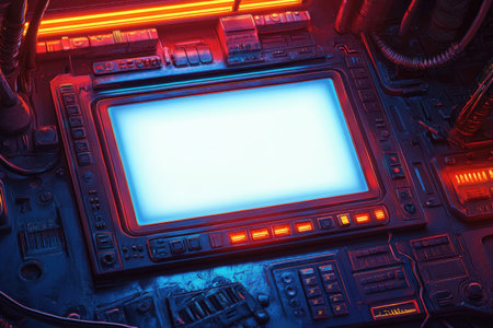 A computer monitor with a keyboard and a mouse is lit up in neon colorsの素材