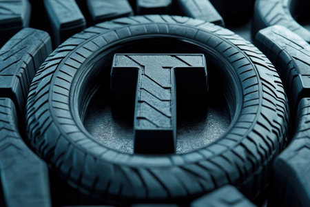 A tire with the letter T on it. The tire is surrounded by other tires. The image has a futuristic feel to itの素材