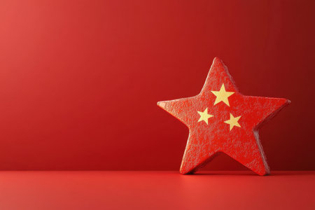 A red star with three gold stars on it sits on a red background. The star is surrounded by a red frame, and the background is a deep red color. Concept of patriotism and prideの素材