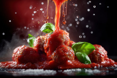 A plate of meatballs with a lot of sauce on top. The sauce is dripping down the meatballs and onto the plateの素材