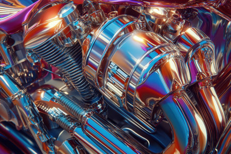 A close up of a motorcycle engine with a shiny, metallic finish. The engine is the main focus of the image, and the metallic finish gives it a sleek and modern appearanceの素材