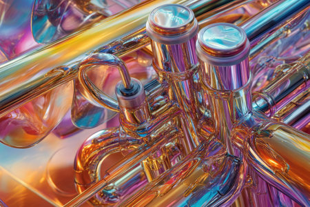A colorful image of a brass instrument with a shiny, metallic finish. The image is abstract and has a vibrant, energetic feel to itの素材