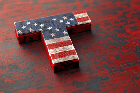 The letter T is made out of the American flag. It is a creative way to represent the letter Tの素材
