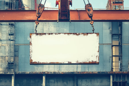 A sign is hanging from a crane in a cityの素材