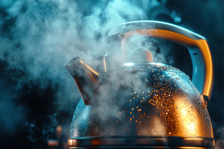 A silver tea kettle is sitting on a stove with steam coming out of it. The steam is thick and white, creating a cozy and warm atmosphereの素材