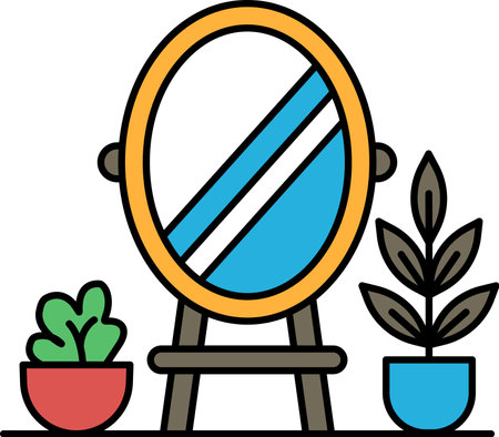 A mirror is placed in front of a plant, with a potted plant in the backgroundのイラスト素材