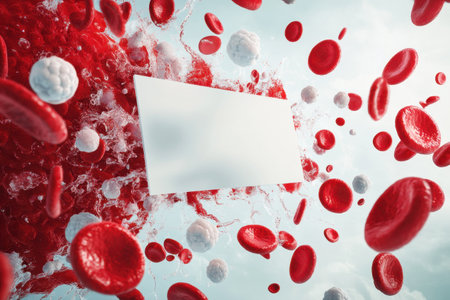 A white box is surrounded by red and white blood cells. Concept of chaos and disorder, as the blood cells are scattered all over the white boxの素材