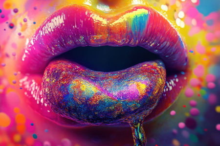 A colorful painting of a woman's mouth with a tongue sticking outの素材