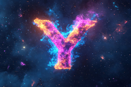 The image is a colorful representation of the letter Y in the sky. The letter is made up of various colors and shapes, giving it a unique and artistic appearance. Scene is vibrant and playfulの素材