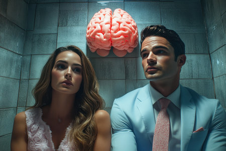A man and a woman are sitting in a bathroom with a pink brain on the wall. The man is wearing a blue suit and tieの素材