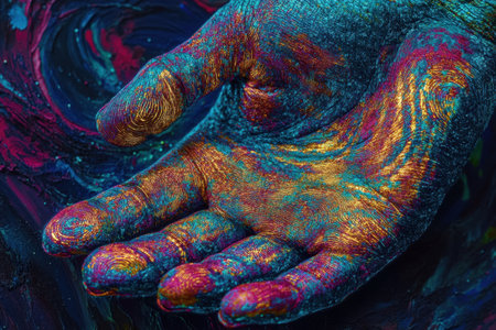 A hand with colorful paint on it is shown in a painting. The hand is surrounded by a blue and purple background. The painting has a dreamy, surreal feel to it, as if the hand is floating in the airの素材