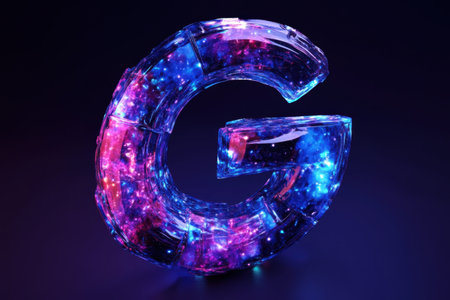 A colorful letter G made of glass. The letter is in the shape of a sphere and has a purple backgroundの素材
