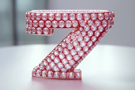 A close up of a gold number 7 with diamonds on it. The number is surrounded by a reflective surface, giving it a shiny and elegant appearance. Concept of luxury and sophisticationの素材