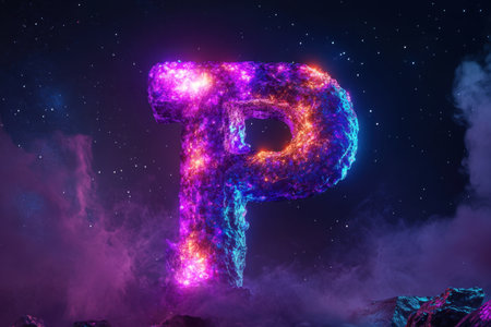 A large, glowing letter P is surrounded by a cloud of smoke and starsの素材