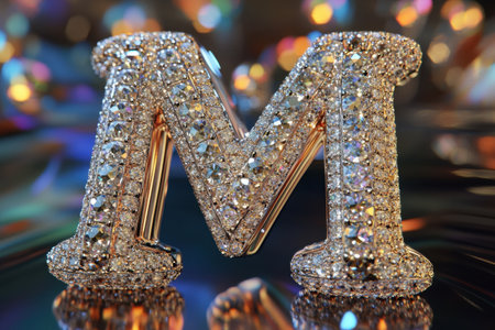 A large, glittery letter M made out of small, shiny gemsの素材