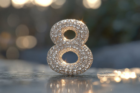 A close up of a large diamond shaped number 8. The number is surrounded by a lot of diamonds, giving it a very fancy and luxurious appearance. Concept of wealth and opulenceの素材