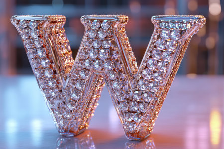 A close up of the letter W made of diamonds. The letter is surrounded by a large number of small diamonds, creating a sparkling and elegant appearanceの素材