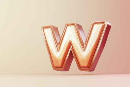 A shiny, gold letter W is displayed on a light pink background. The letter appears to be a part of a larger, more complex designの素材