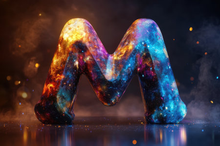 The letter M is made up of a blue and purple swirl. It is surrounded by a purple backgroundの素材