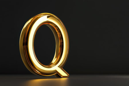 A gold Q is sitting on a black background. The Q is shiny and stands out against the dark backgroundの素材