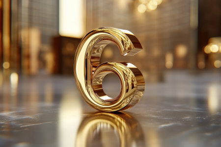 The number 6 is written in gold on a yellow backgroundの素材