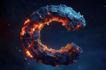 A large, fiery C is floating in space. The image is a work of art, with the C appearing to be a spaceship or a piece of machineryの素材