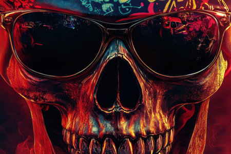 A skull with sunglasses on it. The skull is surrounded by a red background. The sunglasses are black and the skull is wearing a bandanaの素材