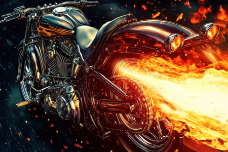 A motorcycle with flames shooting out of the back. The flames are so bright that they almost look like they are real. The image has a sense of danger and excitementの素材