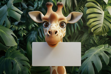 A giraffe is holding a blank signの素材