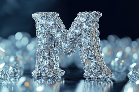 A large letter M made out of small, shiny, sparkling diamonds. The letter is surrounded by a bed of diamonds, creating a luxurious and elegant atmosphereの素材