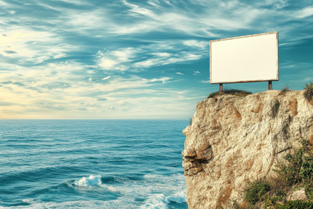 A large white billboard sits on a rocky cliff overlooking the ocean. The scene is serene and peaceful, with the ocean waves crashing below and the sky aboveの素材
