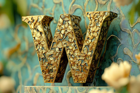 The letter W is made of gold and has a flowery design. It is surrounded by flowers and is placed on a tableの素材