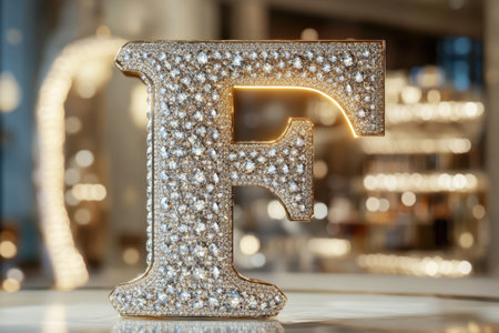 A large letter F made of diamonds and gold. The letter is surrounded by a bright light, giving it a glamorous and luxurious appearanceの素材