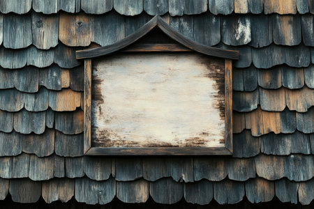 A wooden sign is on a roof with a lot of wood grainの素材