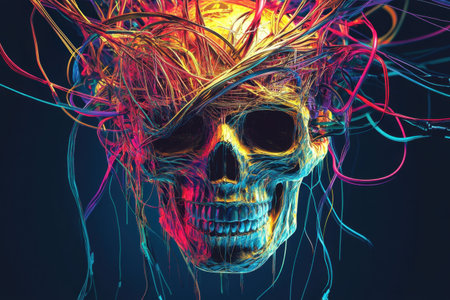 A skull with a pair of wires in its mouthの素材