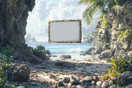 A large white frame is hanging in the middle of a rocky beach. The frame is empty, but the beach is full of life. The ocean is visible in the backgroundの素材