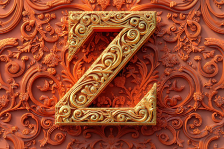 The letter Z is carved into a gold leafy design on a red background. The intricate details of the letter give it a sense of elegance and sophisticationの素材