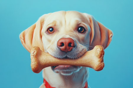 A small dog is holding a bone in its mouthの素材