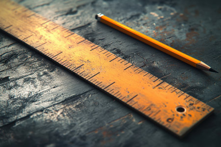 A ruler and pencil are on a wooden tableの素材