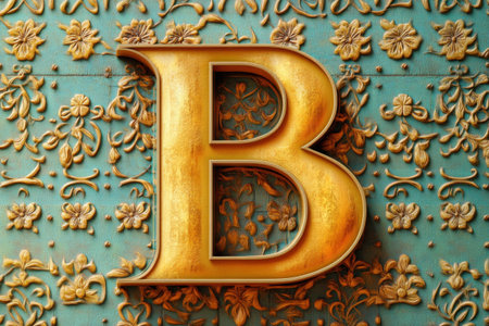 The letter B is made of gold and is surrounded by a pattern of leavesの素材