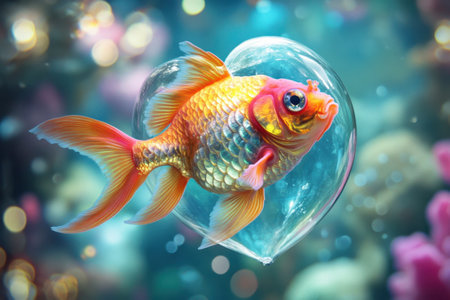 A fish is swimming in a heart-shaped glass containerの素材