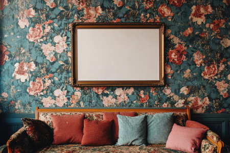 A floral wallpaper with a large mirror above a couch. The couch is covered in pillows and a blanketの素材