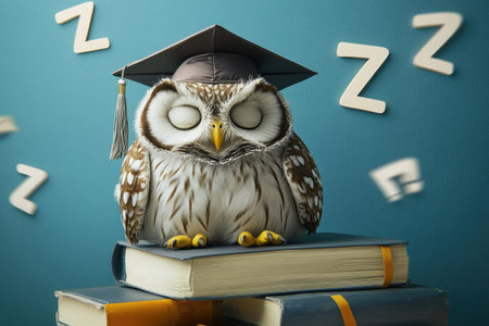 A cartoon owl wearing a graduation cap is sleeping on top of a stack of booksの素材