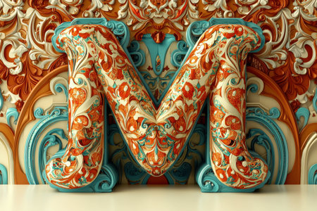 The letter M is ornate and gold, with a backgroundの素材