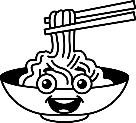 A cartoon bowl of noodles with a smiling face and chopsticks in its mouthのイラスト素材