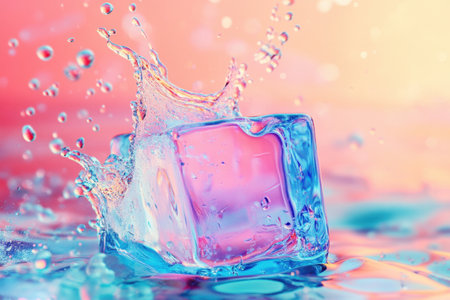 A splash of water is falling on a blue ice cube. The water droplets are scattered around the cube, creating a sense of movement and energy. The image conveys a feeling of playfulness and joyの素材
