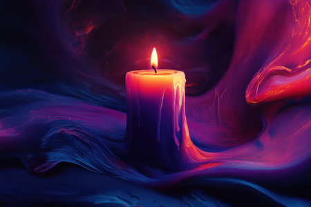 A candle is lit in a purple and blue background. The candle is surrounded by a purple and blue fabric. The candle is lit and the flame is visibleの素材