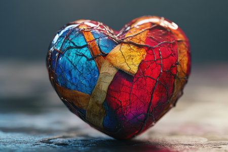 A heart made of broken pieces of wood and metal. The heart is blue and red. The broken pieces of wood and metal give the heart a sense of fragility and vulnerabilityの素材