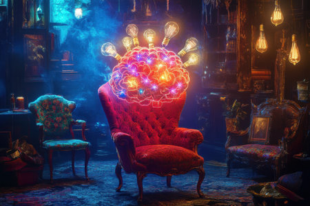 A red chair is surrounded by other chairs and a glowing brain. The room is dimly lit and has a mysterious atmosphereの素材
