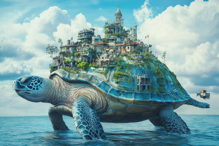 A turtle is floating in the ocean with a city on its back. The turtle is surrounded by buildings and trees, giving the impression of a fantastical world. Scene is whimsical and imaginativeの素材